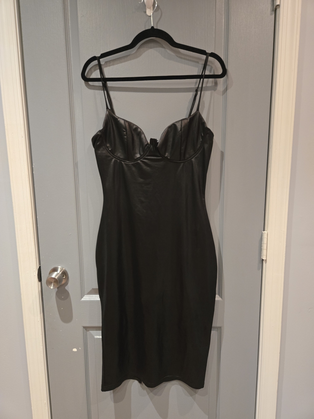 Black Faux Leather Slip Dress with Bust Detailing